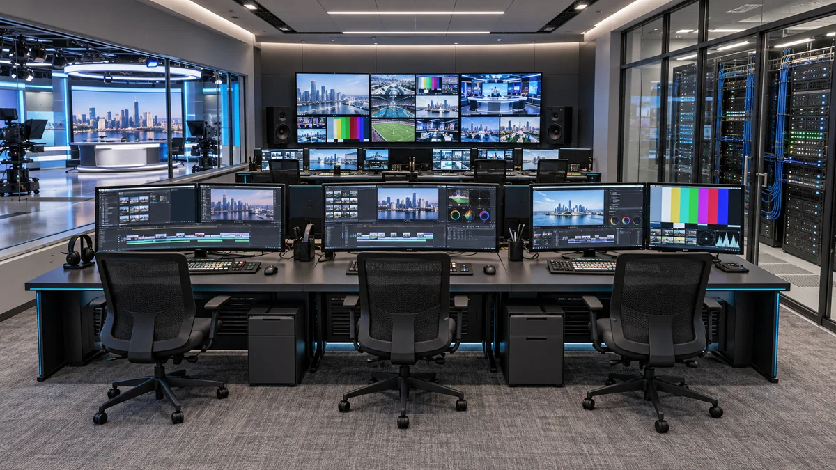 Concept of a broadcast control suite with shared-media editing workstations