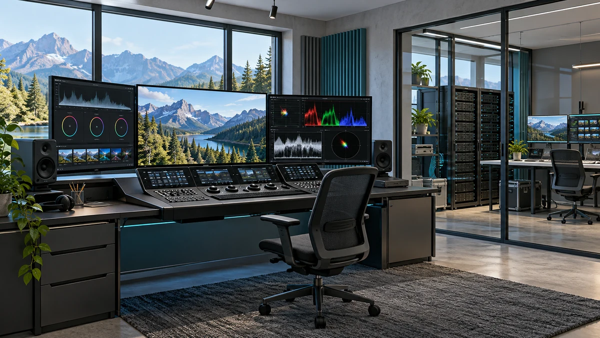 Television finishing suite and centralized storage concept, AI-generated, not a project photograph