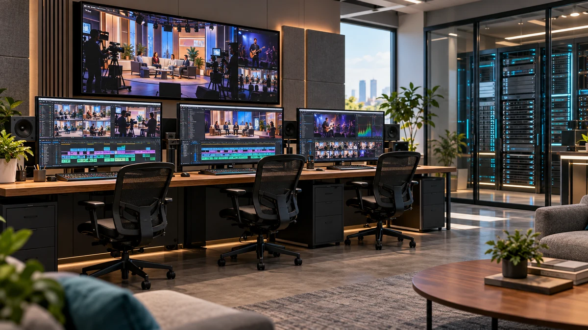 Multi-workstation variety-show post-production and shared storage concept, AI-generated, not a project photograph