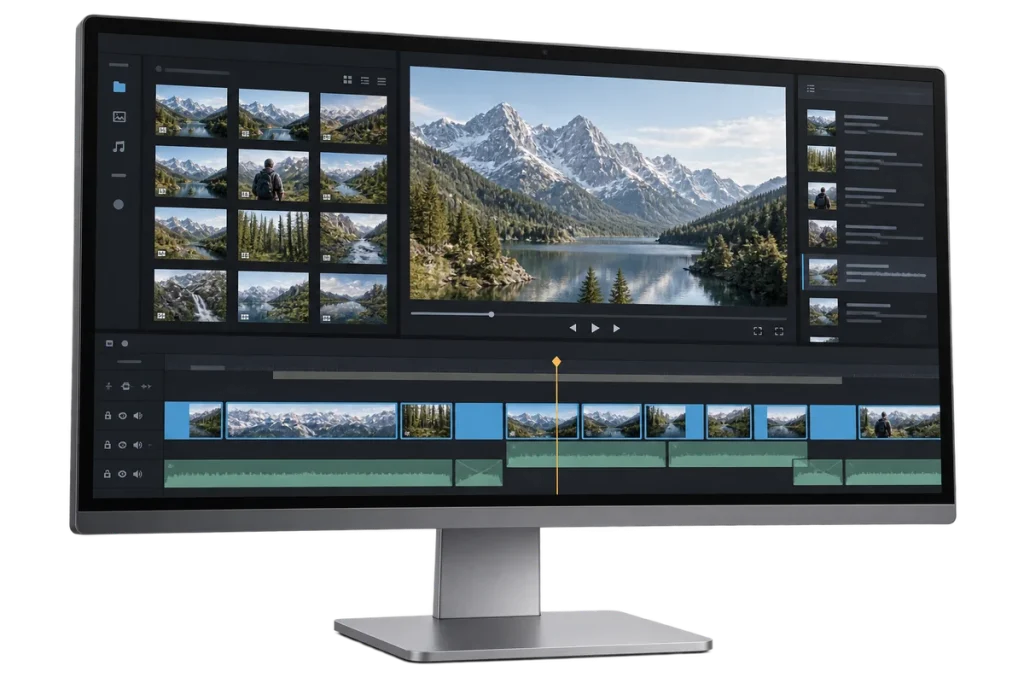 AI-assisted editing workspace concept, not an actual software screenshot