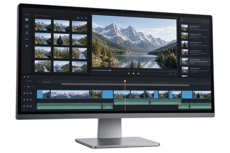AI-assisted editing workspace concept, not an actual software screenshot