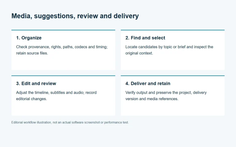 Media organization, selection, human review and delivery workflow